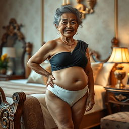 An 80-year-old Thai woman showcasing her curvy figure while wearing only a pair of panties, exuding confidence and grace