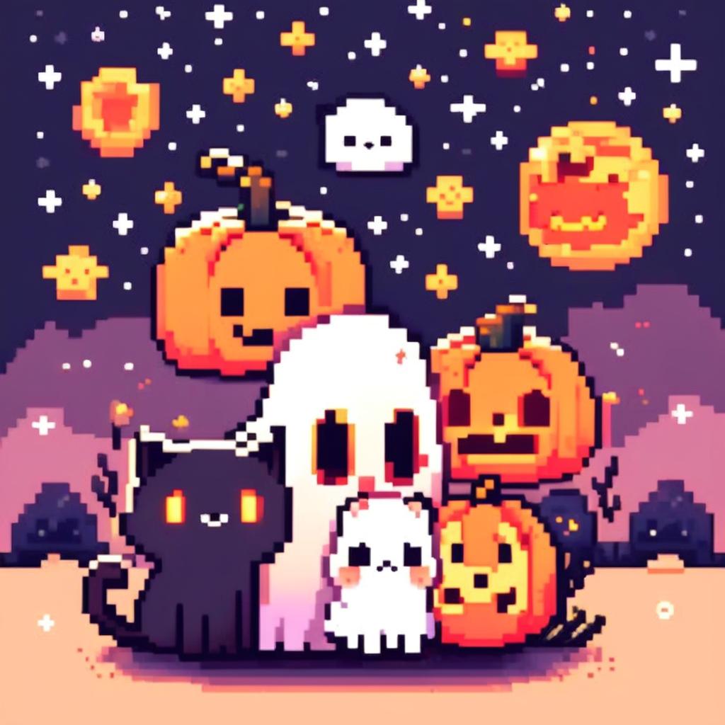 Pixel art PFP featuring a cute ghost, a small pumpkin, and a black cat against a starry night sky.