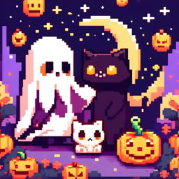 Pixel art PFP featuring a cute ghost, a small pumpkin, and a black cat against a starry night sky.