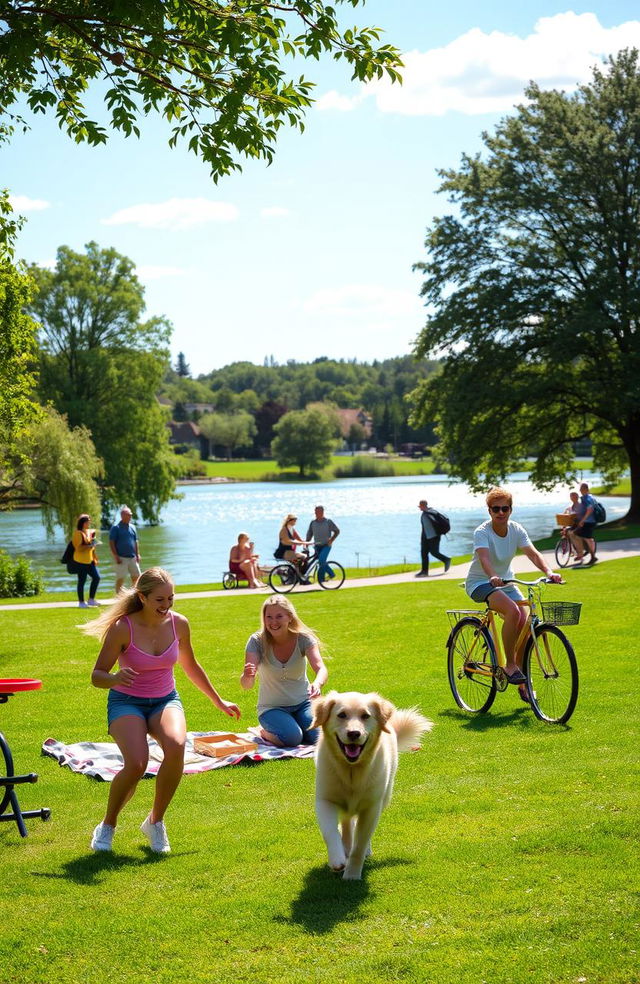 A serene and vibrant recreation scene set in a lush green park, where people are enjoying various outdoor activities