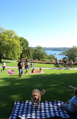 A serene and vibrant recreation scene set in a lush green park, where people are enjoying various outdoor activities