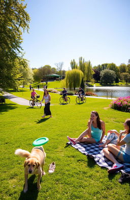 A serene and vibrant recreation scene set in a lush green park, where people are enjoying various outdoor activities