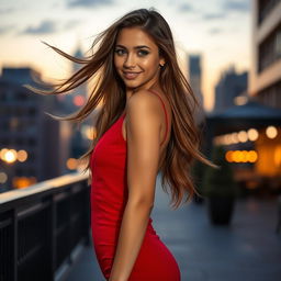 A captivating and alluring young woman with long, flowing hair, wearing an elegant and form-fitting red dress that accentuates her curves