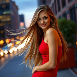 A captivating and alluring young woman with long, flowing hair, wearing an elegant and form-fitting red dress that accentuates her curves