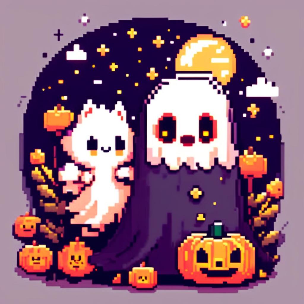 Pixel art PFP featuring a cute ghost, a small pumpkin, and a black cat against a starry night sky.