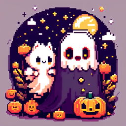 Pixel art PFP featuring a cute ghost, a small pumpkin, and a black cat against a starry night sky.