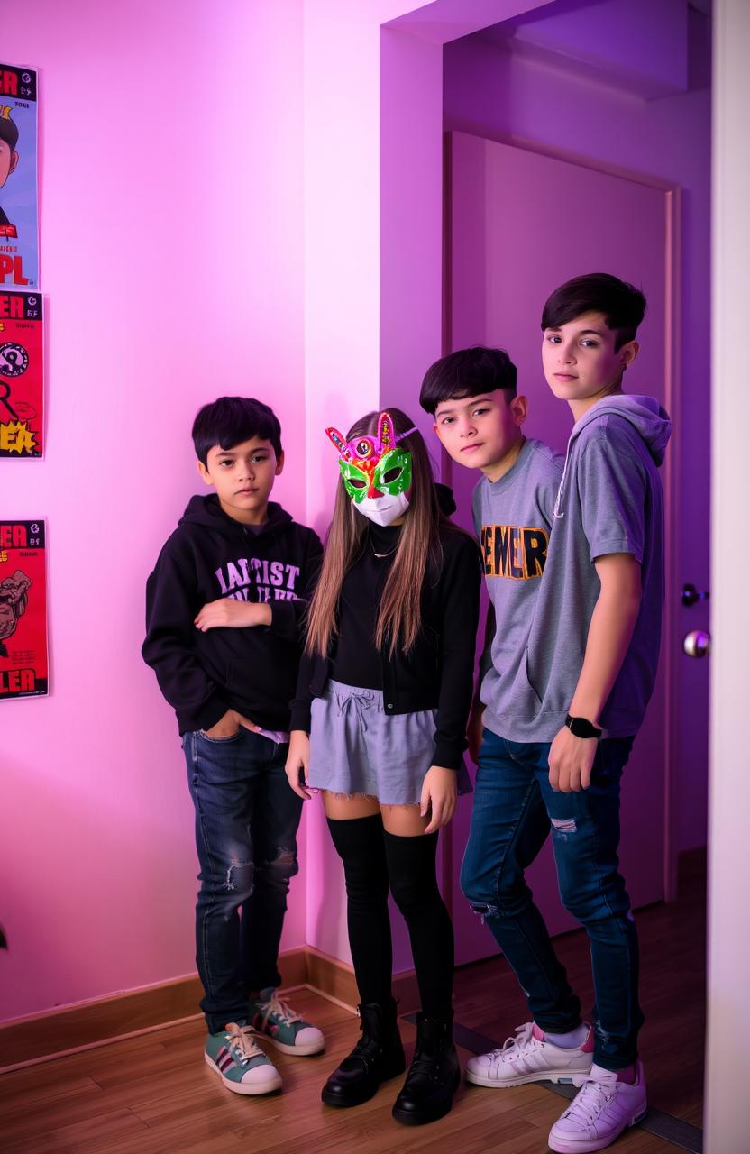 A girl wearing a colorful mask stands in a corner of a bright room, her expression mysterious and intriguing, while two boys stand to her left side, casually interacting