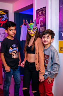 A girl wearing a colorful mask stands in a corner of a bright room, her expression mysterious and intriguing, while two boys stand to her left side, casually interacting