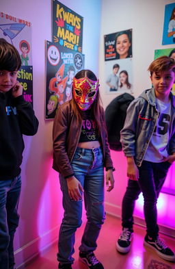 A girl wearing a colorful mask stands in a corner of a bright room, her expression mysterious and intriguing, while two boys stand to her left side, casually interacting