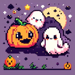 Pixel art PFP featuring a cute ghost, a small pumpkin, and a black cat against a starry night sky.