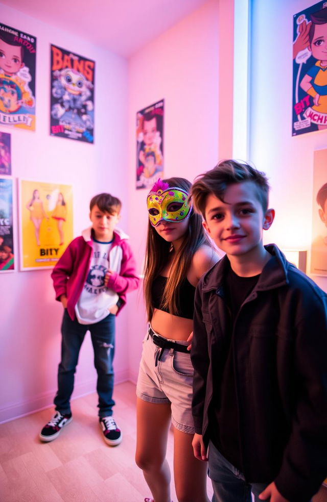 A girl wearing a colorful mask stands in a corner of a bright room, her expression mysterious and intriguing, while two boys stand to her left side, casually interacting