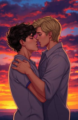 A romantic scene depicting two young men in a passionate embrace, set against a dramatic sunset backdrop