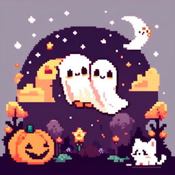 Pixel art PFP featuring a cute ghost, a small pumpkin, and a black cat against a starry night sky.