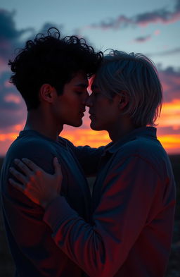 A romantic scene depicting two young men in a passionate embrace, set against a dramatic sunset backdrop