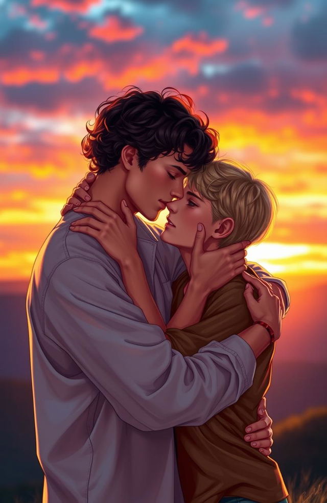 A romantic scene depicting two young men in a passionate embrace, set against a dramatic sunset backdrop