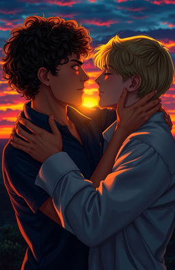 A romantic scene depicting two young men in a passionate embrace, set against a dramatic sunset backdrop