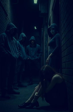 A moody and atmospheric scene set in a dark alley