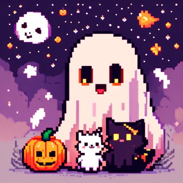 Pixel art PFP featuring a cute ghost, a small pumpkin, and a black cat against a starry night sky.