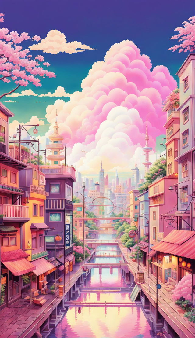 High-resolution anime poster of a detailed cityscape in pastel hues, inspired by Wes Anderson's aesthetic