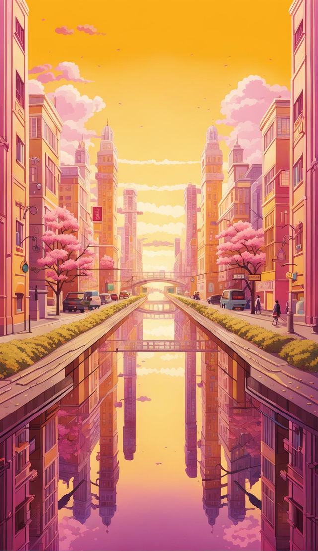 High-resolution anime poster of a symmetrical cityscape bathed in a yellow tint, inspired by Wes Anderson's aesthetic