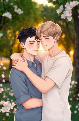 A romantic scene featuring two boys in a warm embrace, showcasing their love for one another