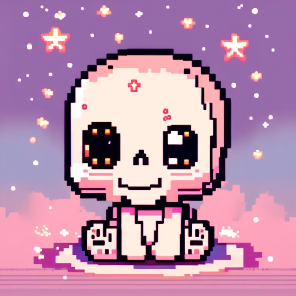 Pixel art profile picture featuring an adorable skull with large, sparkling eyes and a gentle smile against a pastel gradient background with tiny pixel stars