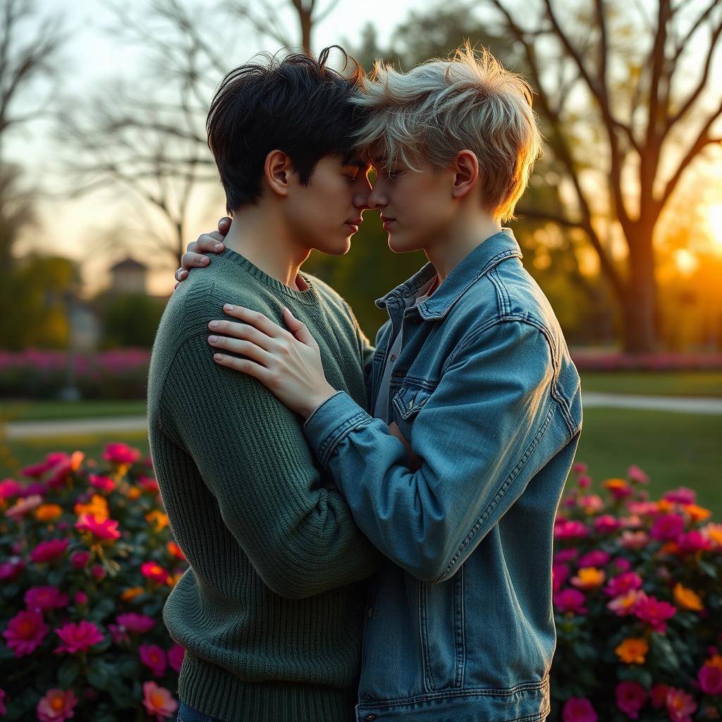 A romantic scene featuring two boys who are in love, embracing each other in a tender moment