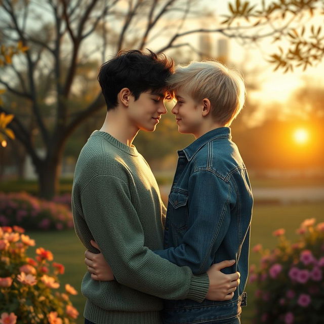 A romantic scene featuring two boys who are in love, embracing each other in a tender moment