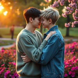 A romantic scene featuring two boys who are in love, embracing each other in a tender moment
