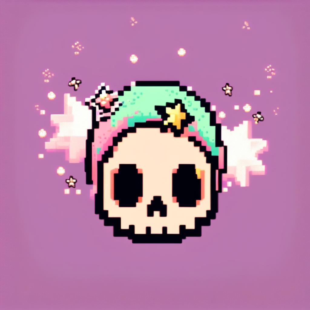 Pixel art profile picture featuring an adorable skull with large, sparkling eyes and a gentle smile against a pastel gradient background with tiny pixel stars