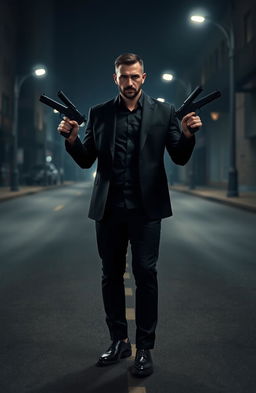 A man standing confidently in an empty street, holding two guns in his hands