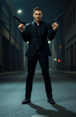 A man standing confidently in an empty street, holding two guns in his hands