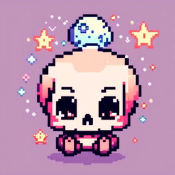 Pixel art profile picture featuring an adorable skull with large, sparkling eyes and a gentle smile against a pastel gradient background with tiny pixel stars