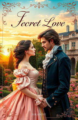 An elaborate and intriguing cover for a romance novel depicting a forbidden secret love set in 18th century France