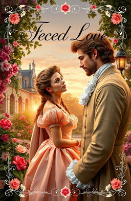 An elaborate and intriguing cover for a romance novel depicting a forbidden secret love set in 18th century France