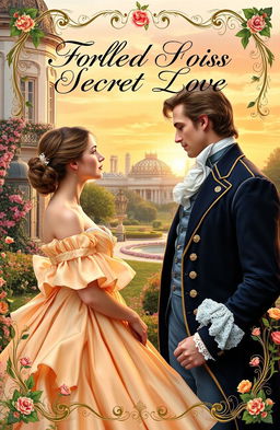 An elaborate and intriguing cover for a romance novel depicting a forbidden secret love set in 18th century France