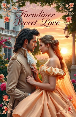 An elaborate and intriguing cover for a romance novel depicting a forbidden secret love set in 18th century France