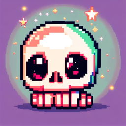 Pixel art profile picture featuring an adorable skull with large, sparkling eyes and a gentle smile against a pastel gradient background with tiny pixel stars