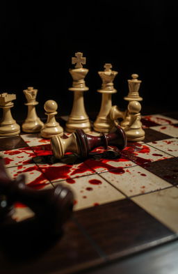 A dramatic chess board stained with blood, showcasing a tense atmosphere