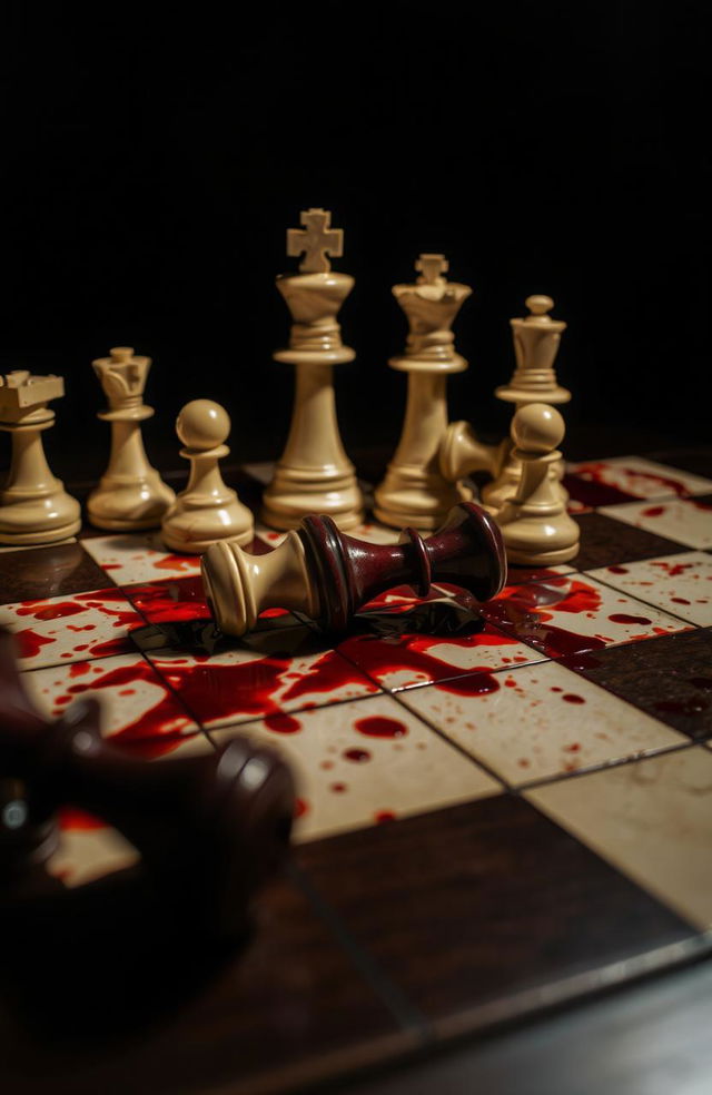 A dramatic chess board stained with blood, showcasing a tense atmosphere