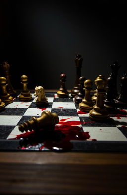 A dramatic chess board stained with blood, showcasing a tense atmosphere