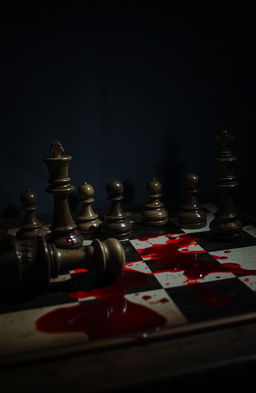 A dramatic chess board stained with blood, showcasing a tense atmosphere
