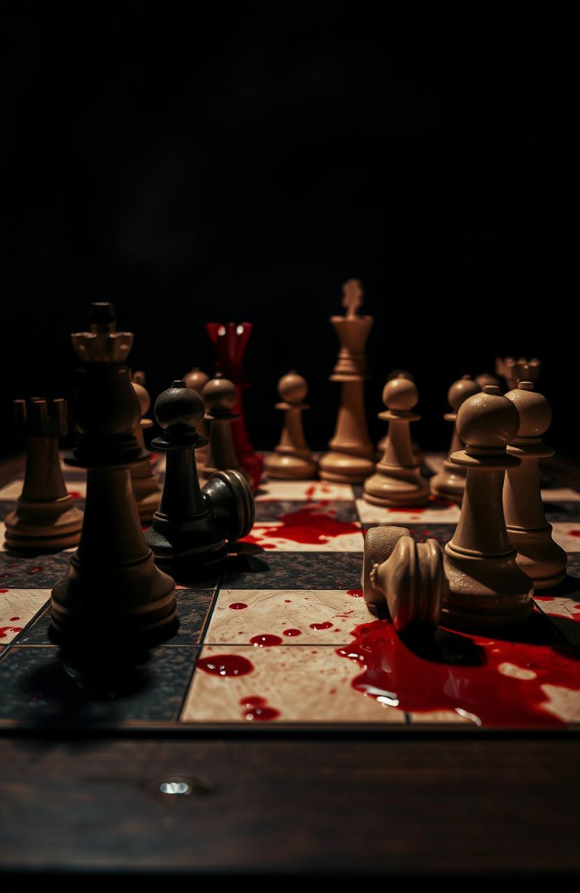 A dramatic chess board stained with blood, showcasing a tense atmosphere