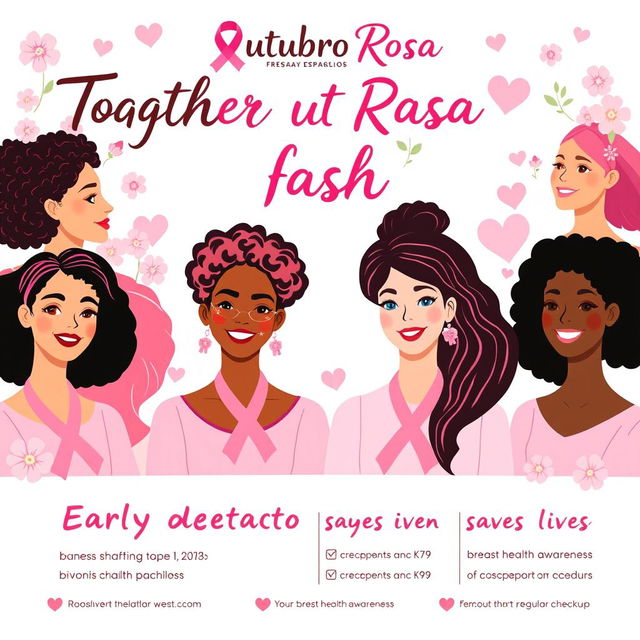 A colorful and engaging illustration promoting the Outubro Rosa breast cancer awareness campaign