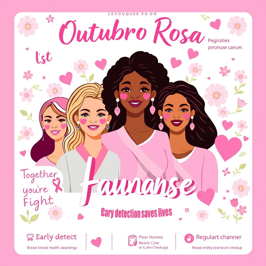 A colorful and engaging illustration promoting the Outubro Rosa breast cancer awareness campaign