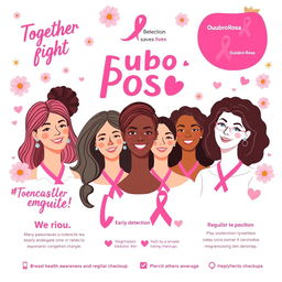 A colorful and engaging illustration promoting the Outubro Rosa breast cancer awareness campaign