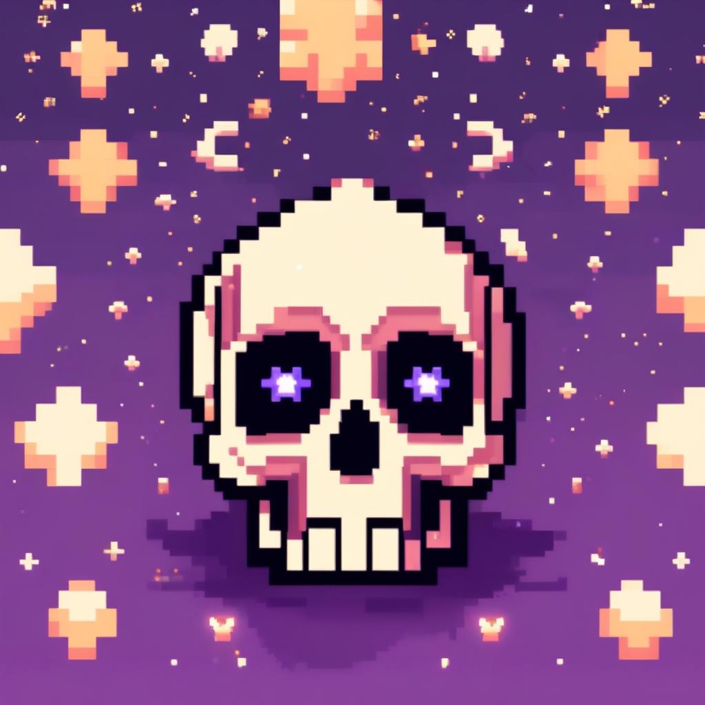 Pixel art profile picture featuring a detailed skull against a dark, starry background.