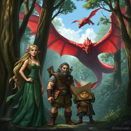 A female druidic elf with flowing green robes and intricate leaf patterns, long flowing hair adorned with flowers, standing confident among ancient trees