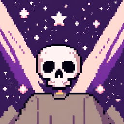 Pixel art profile picture featuring a detailed skull against a dark, starry background.