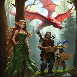 A female druidic elf with flowing green robes and intricate leaf patterns, long flowing hair adorned with flowers, standing confident among ancient trees
